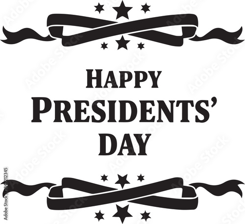 Happy presidents day black and white graphic with ribbons and stars