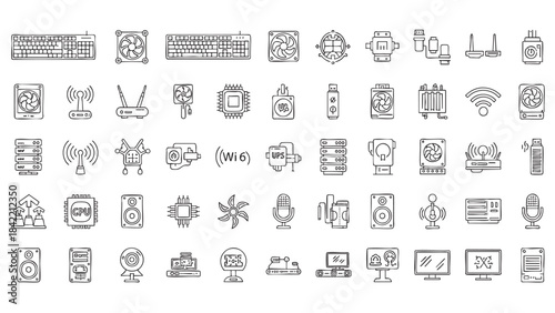A comprehensive collection of modern computer hardware networking technology and electronic device outline icons
