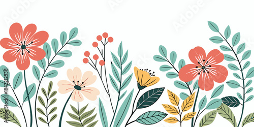 Beautiful spring floral border with delicate pastel flowers and green leaves.