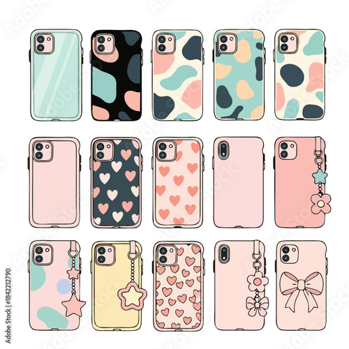 Fashionable collection of diverse smartphone cases showcasing trendy patterns, soft pastel colors, and adorable accessory charms, offering modern protection and personal expression