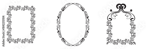 Elegant black ornamental frames set on white background.  Three decorative gold frames—circular, rectangular, and arched—designed for luxury invitations, labels, borders, and elegant graphic design. 
