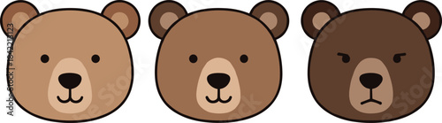 Cute Cartoon Bear Head Vector Set in Different Shades of Brown, Perfect for Kids, Animal Mascot Logos, Children's Books, and Wildlife Graphics.