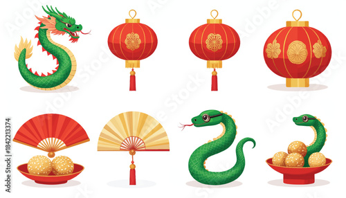 Chinese New Year Vector Set with Dragon Snake Lanterns and Traditional Fans