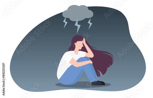 A person with a distressed posture, under a storm cloud, symbolizing emotional turmoil, representing feelings of sadness, anxiety, or mental strain.