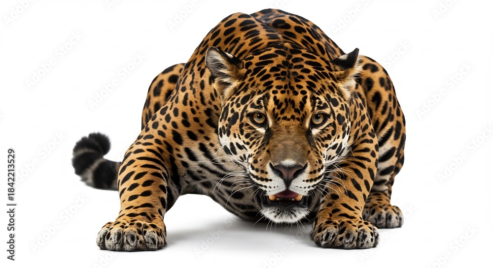 Obraz premium Powerful spotted jaguar fiercely crouches in a striking pose against a bright white background studio lighting accentuates its wild beauty. AI Generated