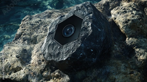 Deep-sea camera trap, disguised as a rock, capturing images of elusive abyssal creatures, patient observation technology