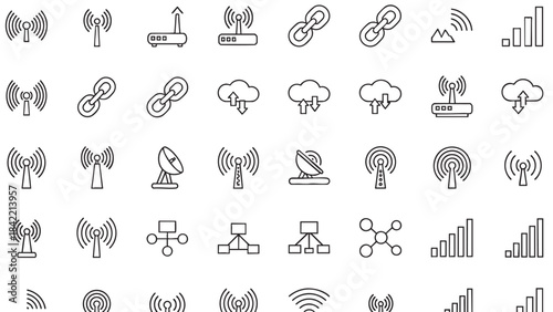 Comprehensive collection of modern digital technology and communication network line icons for various applications