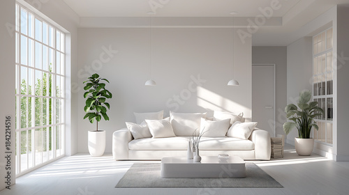 Modern bright living room interior with white sofa and large window light, color of the year 2026, cloud dancer concept