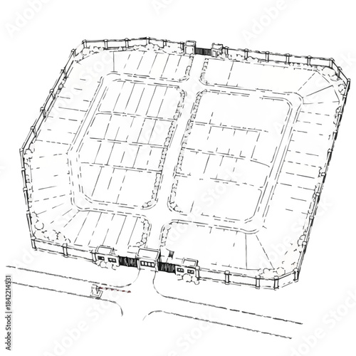Detailed architectural blueprint of a rectangular building with multiple rooms and entrances.