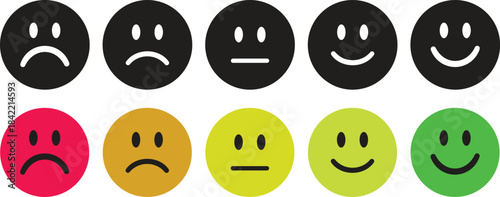 Rating Emoji Icon set. Vector cartoon smiley face collection. Emoticon pack for customer feedback, mood, and emotion. Feedback emoticons collection. Excellent, good, average, poor, bad emoji icons.