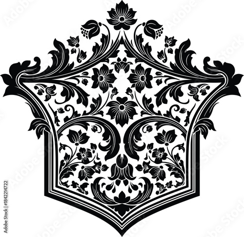 Intricate black and white floral ornament resembling an arched shield or crest