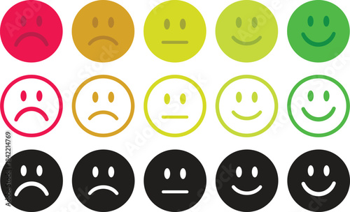 Rating Emoji Icon set. Vector cartoon smiley face collection. Emoticon pack for customer feedback, mood, and emotion. Feedback emoticons collection. Excellent, good, average, poor, bad emoji icons.