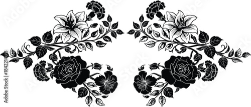 Symmetrical floral arrangement with roses and foliage in a vintage ink style