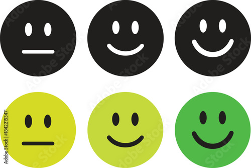Rating Emoji Icon set. Vector cartoon smiley face collection. Emoticon pack for customer feedback, mood, and emotion. Feedback emoticons collection. Excellent, good, average, poor, bad emoji icons.