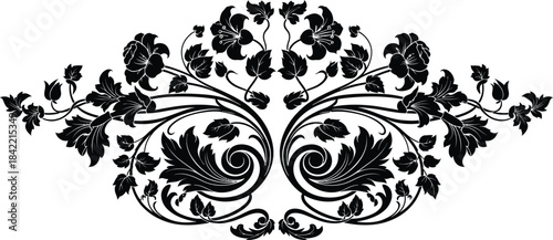 Elegant floral design in black and white creating a symmetrical ornamental pattern