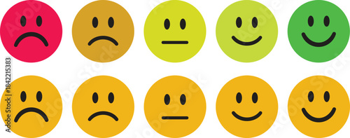 Rating Emoji Icon set. Vector cartoon smiley face collection. Emoticon pack for customer feedback, mood, and emotion. Feedback emoticons collection. Excellent, good, average, poor, bad emoji icons.