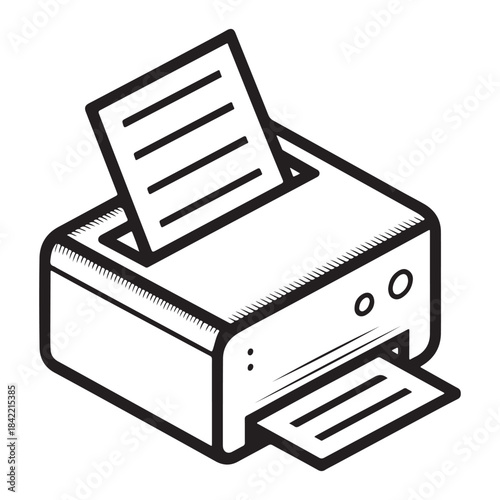 A black and white line art icon illustration of a printer processing a document
