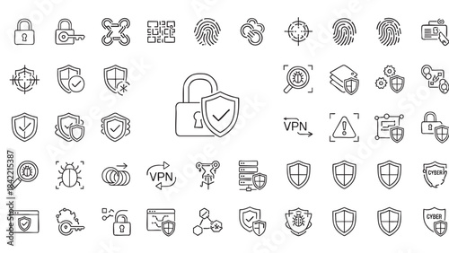 Comprehensive cybersecurity and data protection line icons set for digital safety and internet privacy solutions