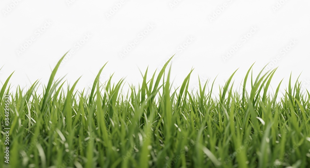 Obraz premium Green grass grows vibrantly under soft natural light creating a peaceful aesthetic with white copy space. AI Generated