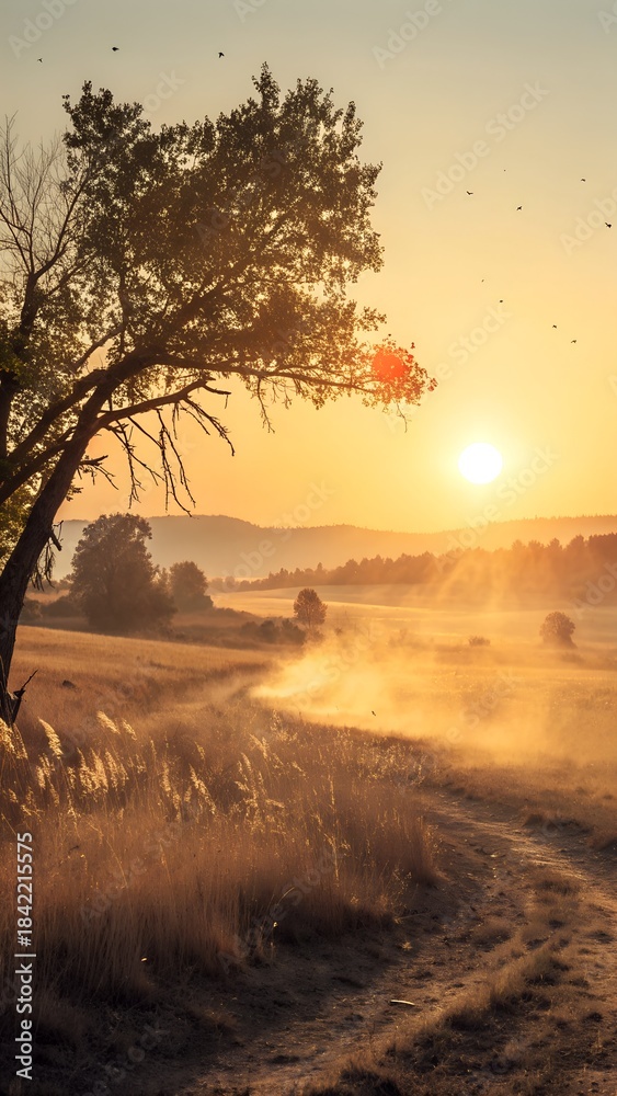 Fototapeta premium Golden Sunrise over Rural Landscape: The golden sunrise casts a warm, ethereal glow over a rustic, rural landscape. A winding path beckons through fields, framed by a majestic tree.
