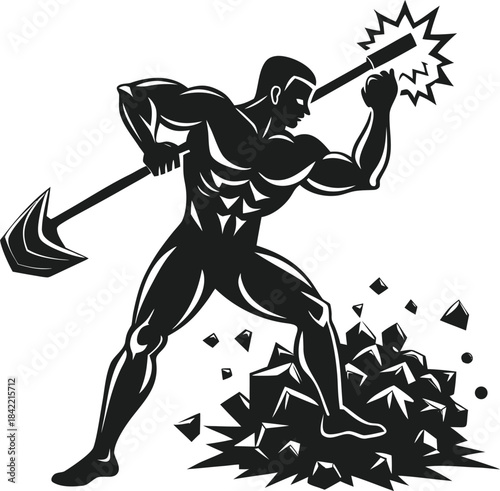 Muscular laborer using a pickaxe to smash through obstacles in a powerful illustration.