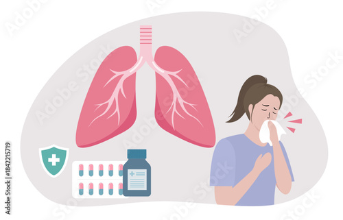 Lung-Related Illness and Treatment. A person with respiratory symptoms like coughing, alongside lungs, medication, and a shield, highlighting lung health issues and their medical management.