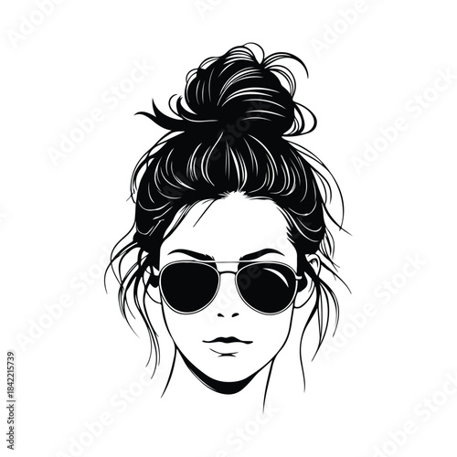 Stylish woman with messy bun and aviator sunglasses black and white illustration