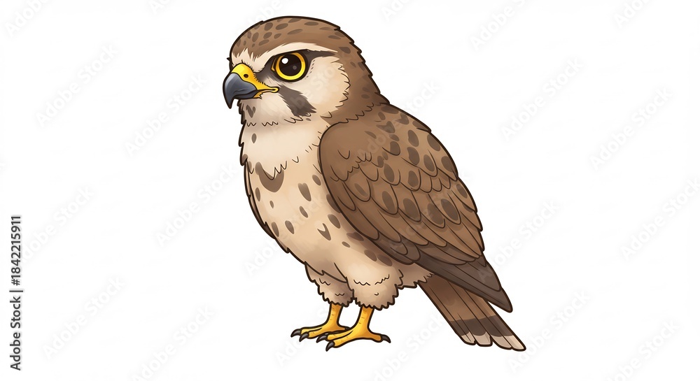 Obraz premium Charming animated hawk with detailed brown and white feathers and bright yellow eyes gazing curiously on white. AI Generated