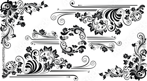 Elegant vintage floral scrollwork and flourishes in black and white vector design
