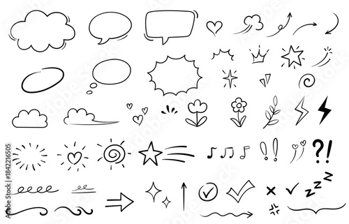 A collection of hand drawn doodle icons in black and white, used to add expression, emphasis or visual flair to designs, notes or digital content.
