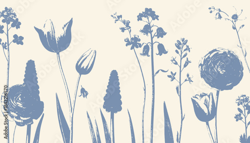 A serene floral arrangement, utilizing blue botanical silhouettes against a soft cream backdrop