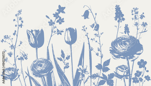 A light blue illustration of stylized flowers and foliage against a soft, creamy background