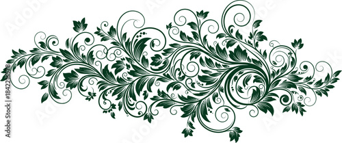 Elegant swirling floral design with detailed leaves and decorative flourishes in dark green