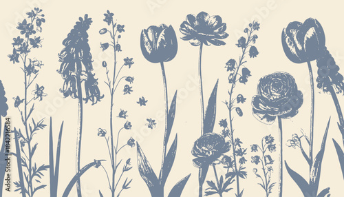 A linear composition of various stylized botanical elements in a two-tone, muted color palette