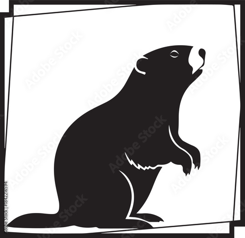 Silhouette of a groundhog standing on its hind legs with mouth open