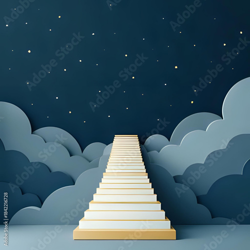 A golden staircase ascends through a serene night sky filled with stars and fluffy clouds, symbolizing dreams and aspirations