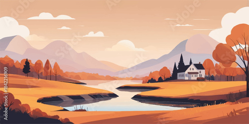 Winter mountain landscape at sunset with fog and mist in the valley