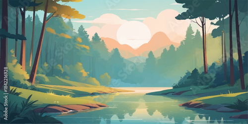 A stunning mountain lake landscape captures the serene reflection of the sunset sky and clouds over the green forest