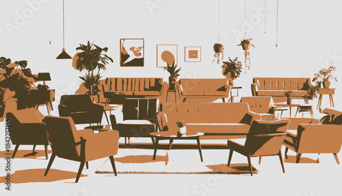 Illustration of a living room with various furniture, plants, art, and lighting