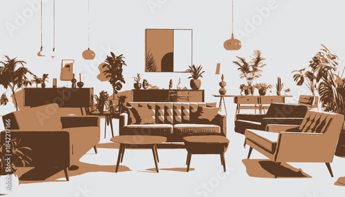 Room interior with furniture, plants and lighting, showcasing retro style. Brown & gray color palette