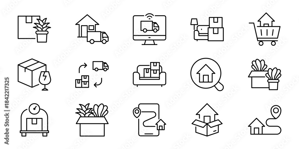 Fototapeta premium Modern Home Delivery, Moving, and Logistics Service Icon Set. Outline Symbols for E-commerce, Packaging, and Relocation Solutions for Web & Mobile Apps