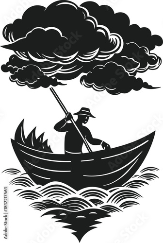 A lone boatman navigates choppy waters beneath dark and menacing storm clouds.