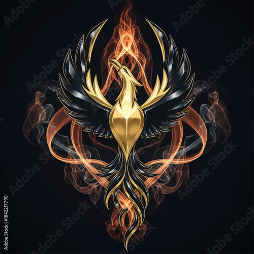Golden phoenix bird rising from fire mascot.
