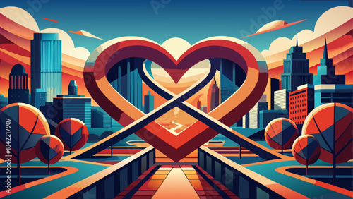 Stylized heart archway overlooking a vibrant cityscape
