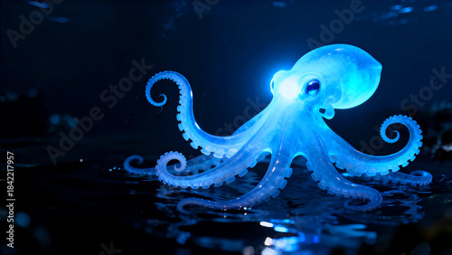 Bioluminescent octopus glowing deep sea creature aquatic marine life dark water fantasy illustration mysterious ocean animal tentacles ethereal light vibrant blue neon underwater scene