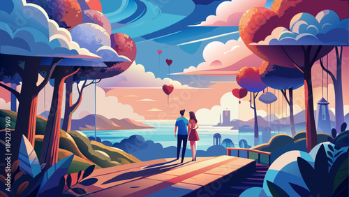 Couple admiring a dreamy sunset landscape with heart balloons