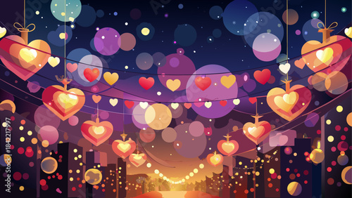 Heart shaped lanterns illuminate a city skyline at night