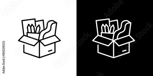 Line art icon illustrations of an open cardboard box filled with various items, presented on white and black backgrounds