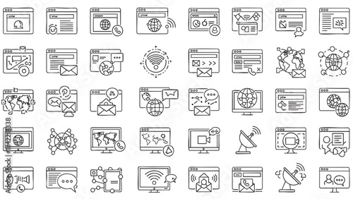 Modern handdrawn line art icons representing digital communication global internet and networking technology concepts