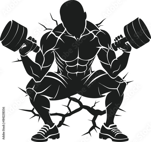 A powerful silhouette of a muscular man doing squats with dumbbells in a high-intensity workout